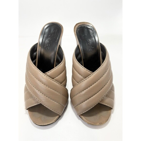 Gucci Block Heels Brown Quilted Leather Open Toe Slides Kid Mules Sz EU 35 5 - Picture 3 of 11